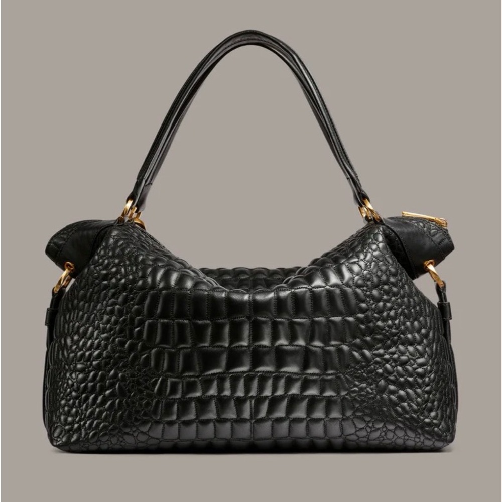 NWT Donna Karan Glenwood Quilted Croc Top Handle Satchel Tassel. Black Gold. - Picture 4 of 12
